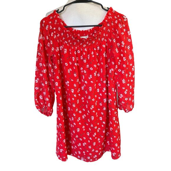 Abercrombie & Fitch Red Off Shoulder Smocked Long Sleeve Floral Tunic Blouse M - Picture 1 of 8